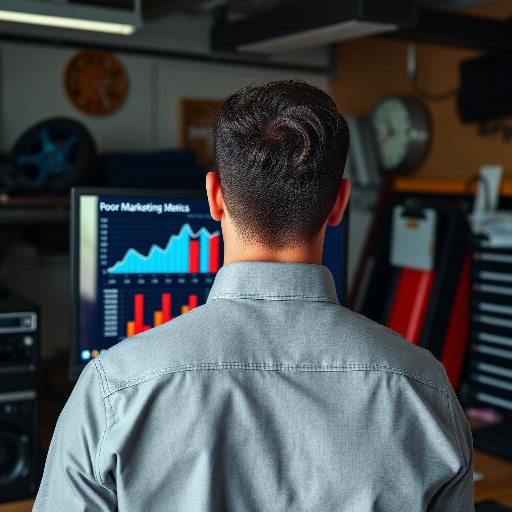 Mechanic reviewing poor marketing results on screen
